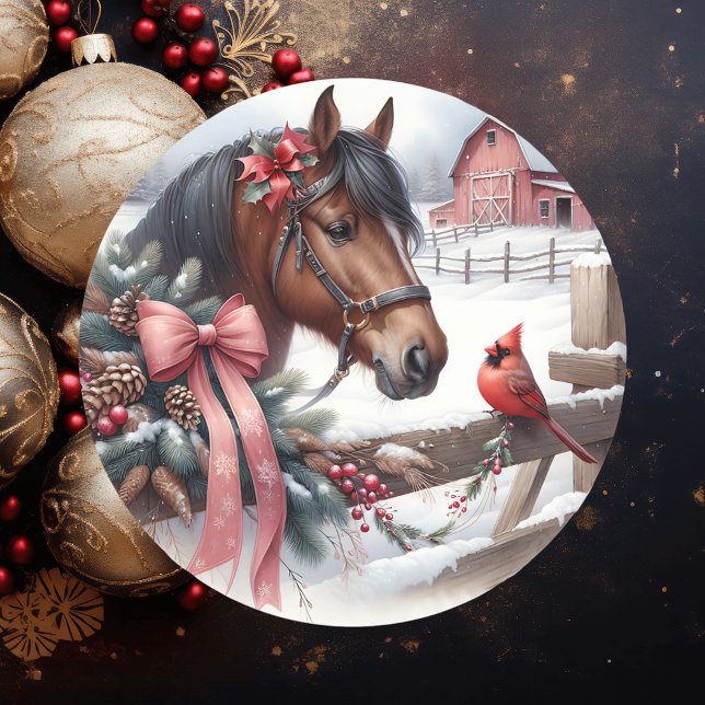 Sticker Rond Cheval de Noël Brown et cardinal (Créateur téléchargé)