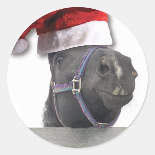 Sticker Rond Cheval de Noël Santa Hat (Devant)