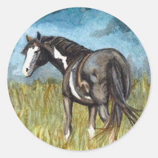 Sticker Rond Cheval de peinture noir et blanc Aquarelle Art