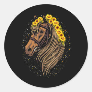 Sticker Rond Cheval de tournesol Portrait Cowgirl équestre Hors