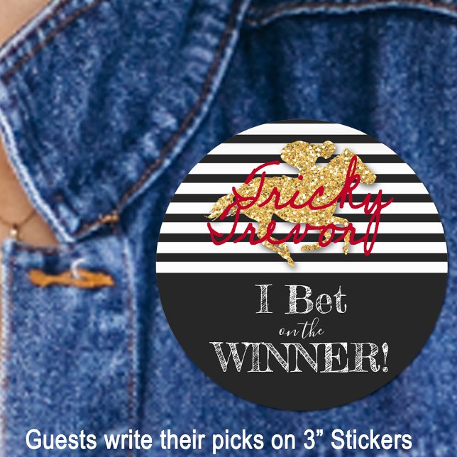 Sticker Rond Cheval d'or Race de Derby Stripes noir et blanc (Give your guests a red pen and a sticker to write their picks for the derby winner for your party.)