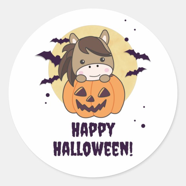 Sticker Rond Cheval En Chevaux Doux Citrouille Joyeux Halloween (Devant)