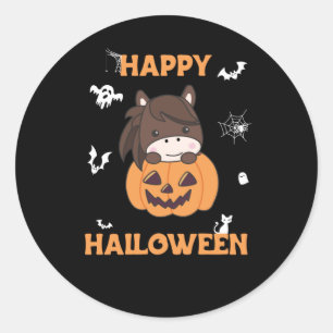 Sticker Rond Cheval En Chevaux Doux Citrouille Joyeux Halloween