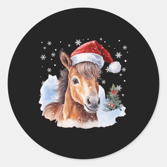 Sticker Rond Cheval équestre de Noël Santa Chapeau Animal Eques (Devant)