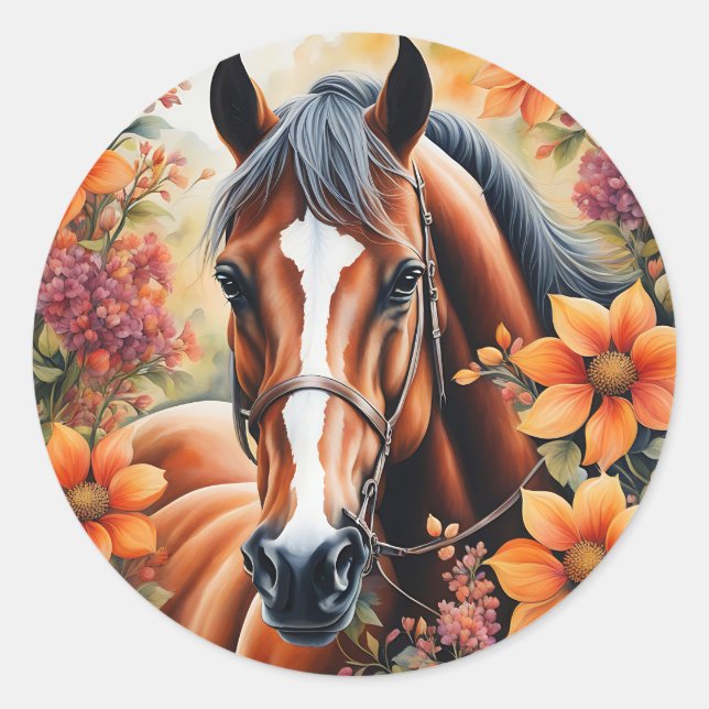 Sticker Rond Cheval Et Fleurs (Devant)