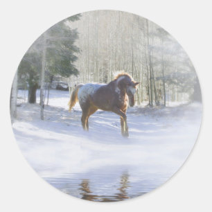 Sticker Rond Cheval et neige belles vacances