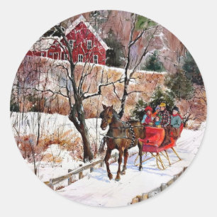Sticker Rond Cheval et traîneau d'hiver vintages