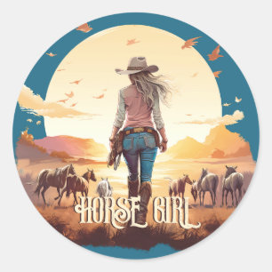 Sticker Rond Cheval fille Cowgirl cheval amoureux du désert cou