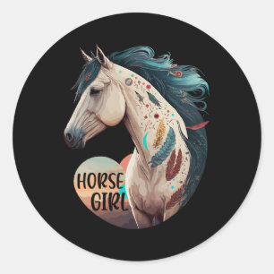 Sticker Rond Cheval Girl Bohème équestre Portrait Horseback