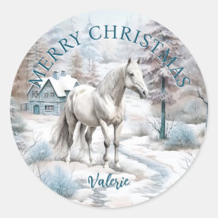 Sticker Rond Cheval hiver scène neige forêt Noël