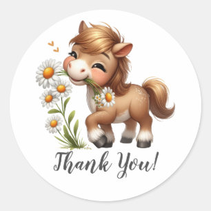 Sticker Rond Cheval Joyeux tenant des fleurs Merci