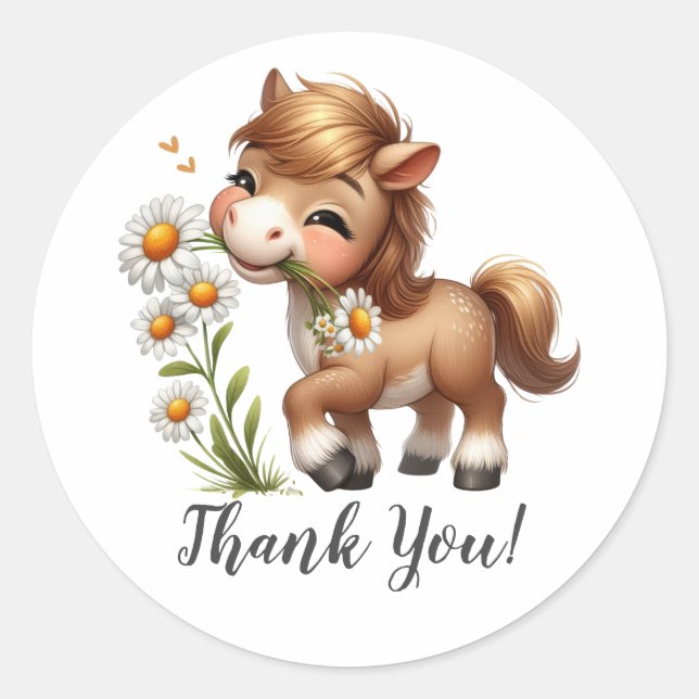 Sticker Rond Cheval Joyeux tenant des fleurs Merci (Devant)