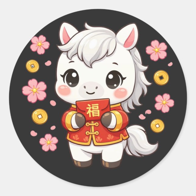Sticker Rond Cheval Kawaii Nouvel An Chinois  (Devant)
