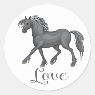 Sticker Rond Cheval Mignon Amour Équitation Chevaux Gris Poney
