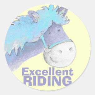 Sticker Rond Cheval/poney montant l'autocollant bleu jaune