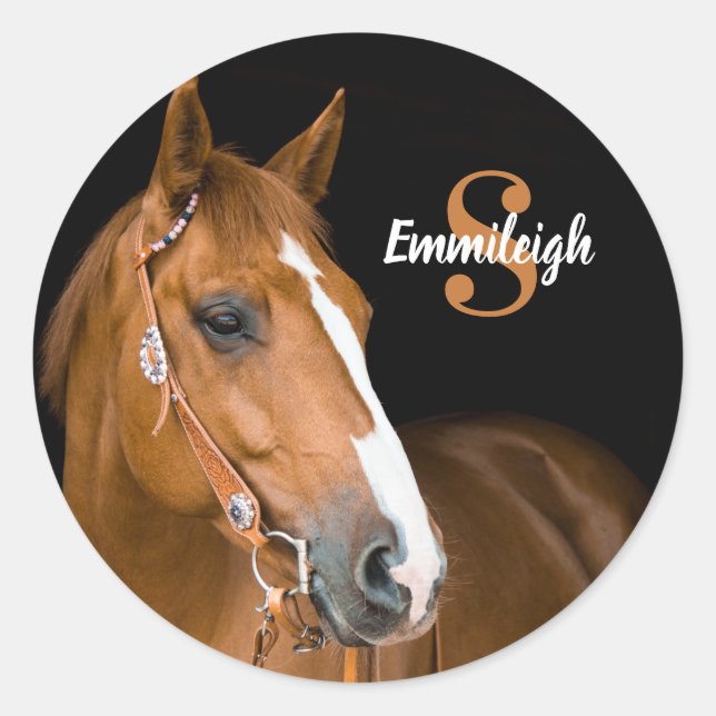 Sticker Rond Cheval Quarter Horse Brun Monogramme Nom Initiale (Devant)