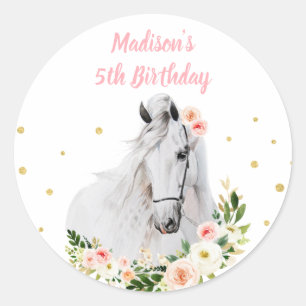 Sticker Rond Cheval Rose Floral Cowgirl Anniversaire