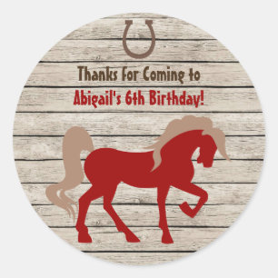 Sticker Rond Cheval Rouge et Grange Bois Filles ou garçons Anni
