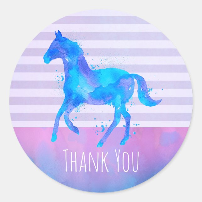Sticker Rond Cheval sauvage en Merci d'aquarelle bleu et violet (Devant)