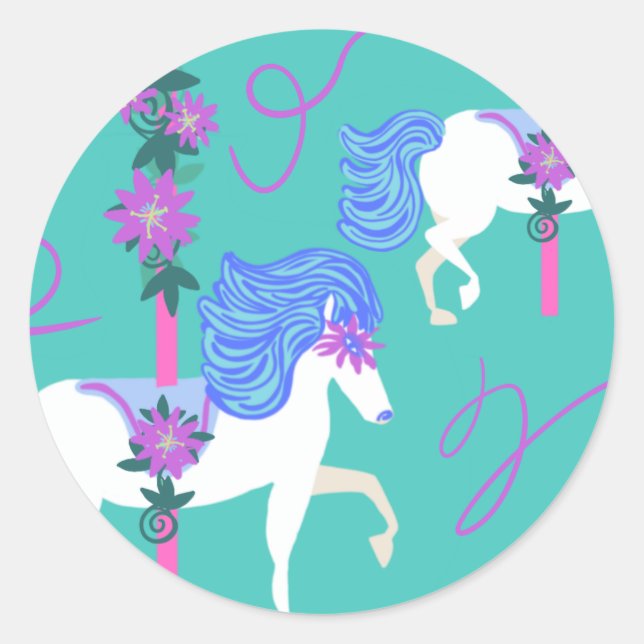Sticker Rond Chevaux de carrousel Fleurs pourpres décorées (Devant)