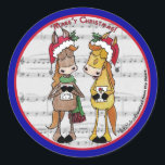 Sticker Rond Chevaux de covoiturage - 'Mare'y Christmas<br><div class="desc">Ces Chevaux de Noël Caroler sont là pour vous souhaiter un Noël Mare'y ! Amusant jouer sur les mots image avec chanter des chevaux contre arrière - plan de partitions. Design original par Christie Black de Creations from the Heart.</div>