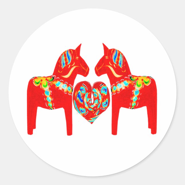 Sticker Rond Chevaux de Dala suédois avec coeur (Devant)