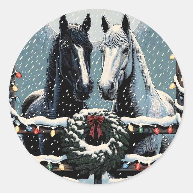 Sticker Rond Chevaux de fête | Joyeux Noël (Devant)