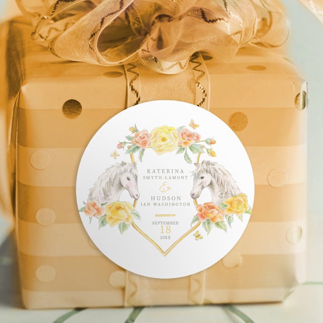 Sticker Rond Chevaux gris et roses jaunes mariage monogrammé (Créateur téléchargé)