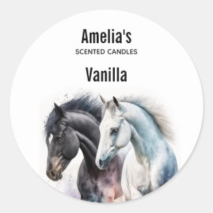 Sticker Rond Chevaux noir et blanc en Watercolor Bougie Busines