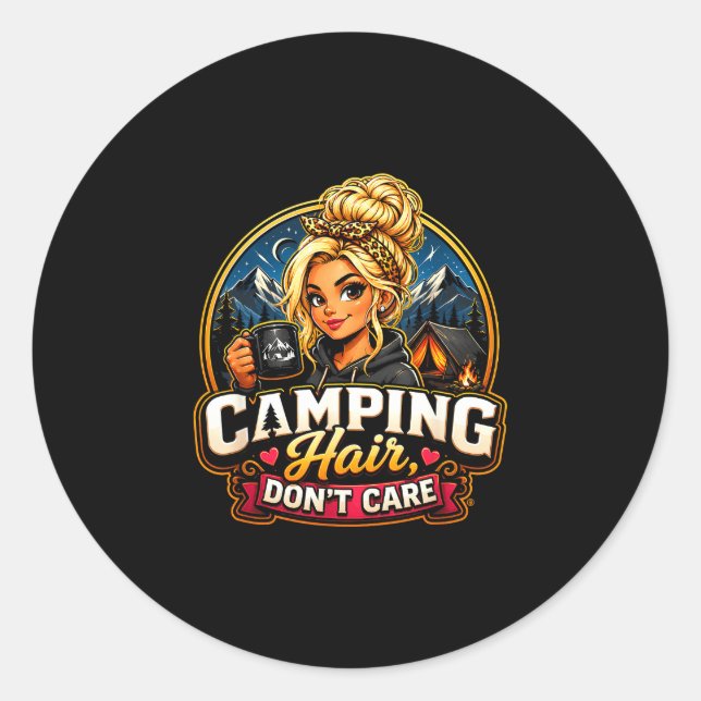Sticker Rond Cheveux de camping, on s'en fiche, fille de campeu (Devant)