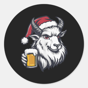 Sticker Rond Chèvre de Noël drôle avec bande dessinée de bière
