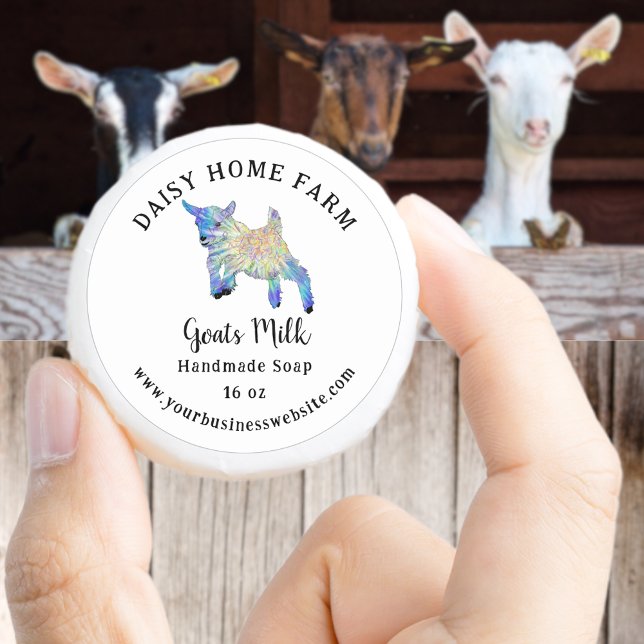 Sticker Rond Chèvre Savon de lait Nom commercial et site Web (Goats milk handmade soap custom business name and website product labels cute colorful baby goat art)