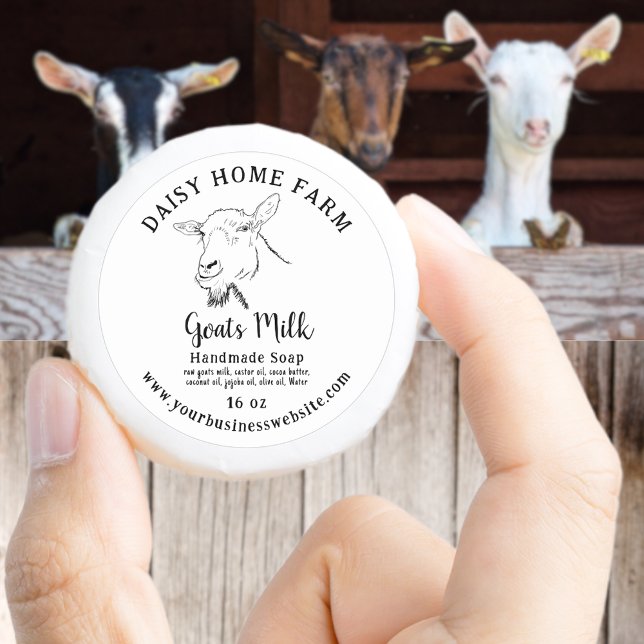 Sticker Rond Chèvres Savon de lait Nom commercial Site Internet (Goats milk handmade soap custom business product label name website ingredients weight black & white)