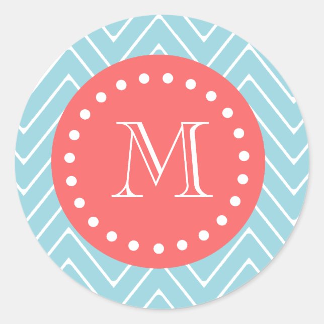 Sticker Rond Chevron bleu et corail avec Monogramme personnalis (Devant)