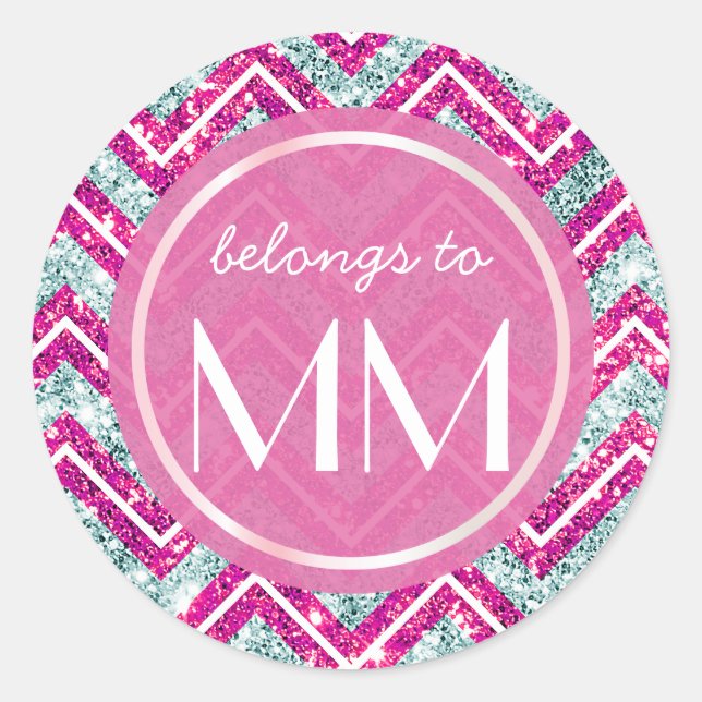 Sticker Rond Chevron Faux Parties scintillant Rose & Blue Bling (Devant)