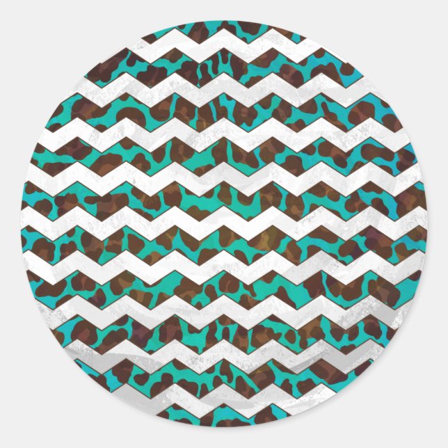 Sticker Rond Chevron Leopard Impression Brown et Turquoise (Devant)