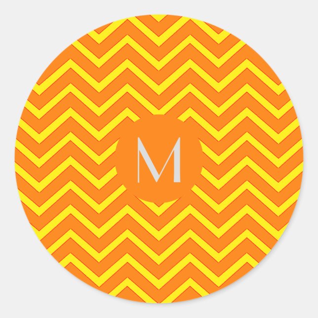 Sticker Rond chevron orange néon jaune - ajoutez un monogramme (Devant)