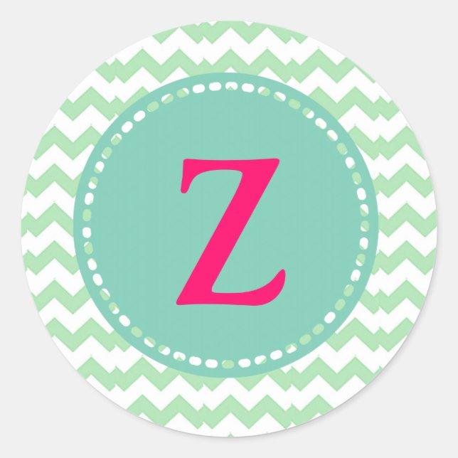Sticker Rond Chevron vert eau, monograma editable (Devant)