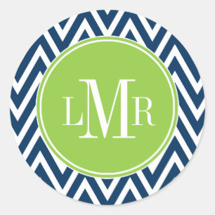 Sticker Rond Chevrons bleu foncé et vert Monogramme