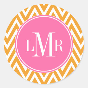 Sticker Rond Chevrons orange et rose Monogramme