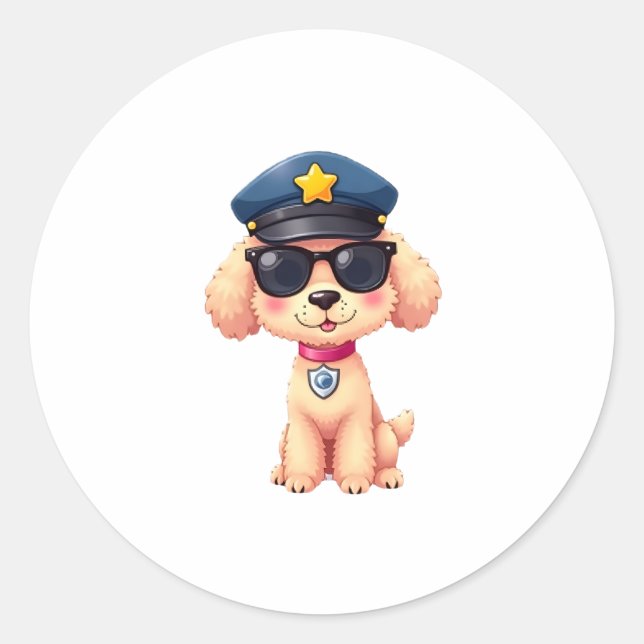 Sticker Rond Chibi Anime Police Poodle Chien (Devant)