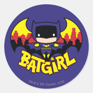 Sticker Rond Chibi Batgirl avec Gotham Skyline & Logo