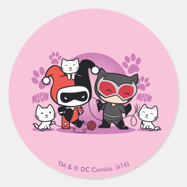 Sticker Rond Chibi Harley Quinn & Chibi Catwoman Avec Chats (Devant)