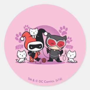 Sticker Rond Chibi Harley Quinn & Chibi Catwoman Avec Chats
