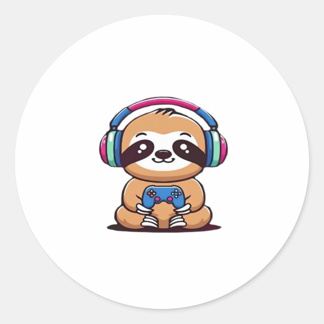 Sticker Rond Chibi Kawaii Sloth Gamer - animal drôle mignonne a (Devant)