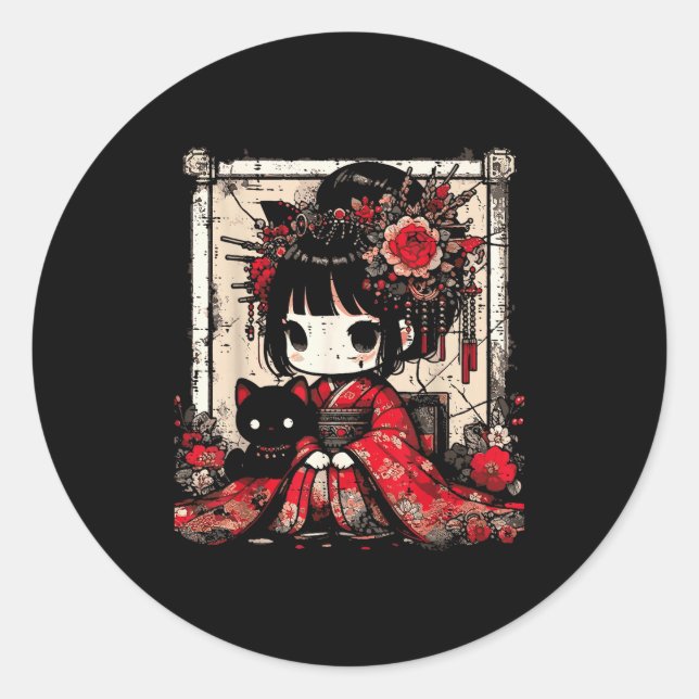 Sticker Rond Chibi Kimono Girl Black Cat Flowers Japanese Art W (Devant)
