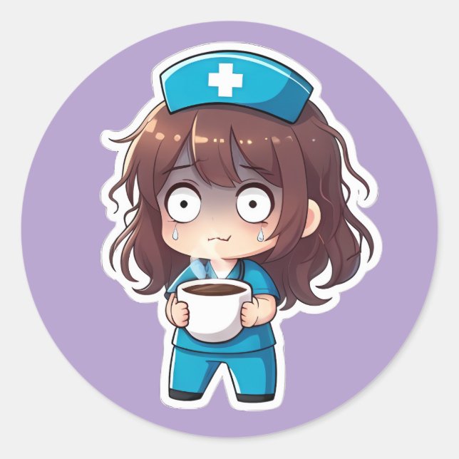 Sticker Rond Chibi Nurse Original 2.0 - Épuisement Total (Devant)