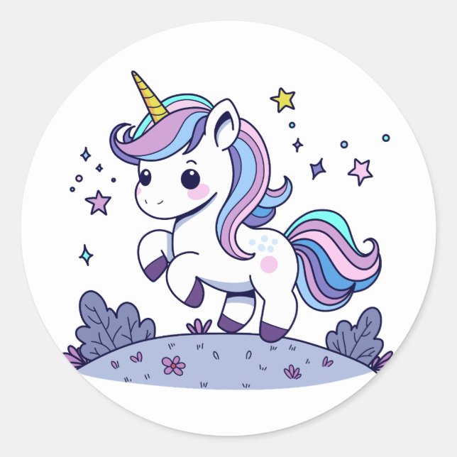Sticker Rond Chibi Unicorne bleu violet rose (Devant)