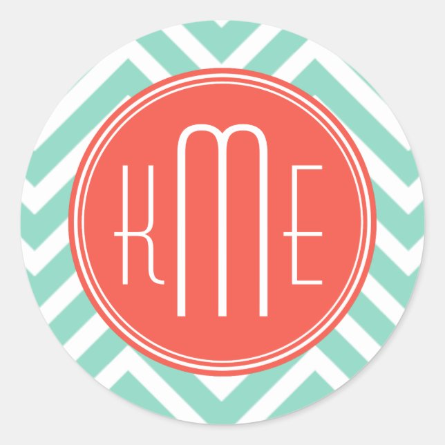 Sticker Rond Chic Aqua Green Chevron et Orange Custom Monogram (Devant)