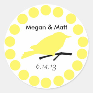 Sticker Rond Chic Bird Silhouette & Dots Mariage Sceau en Jaune